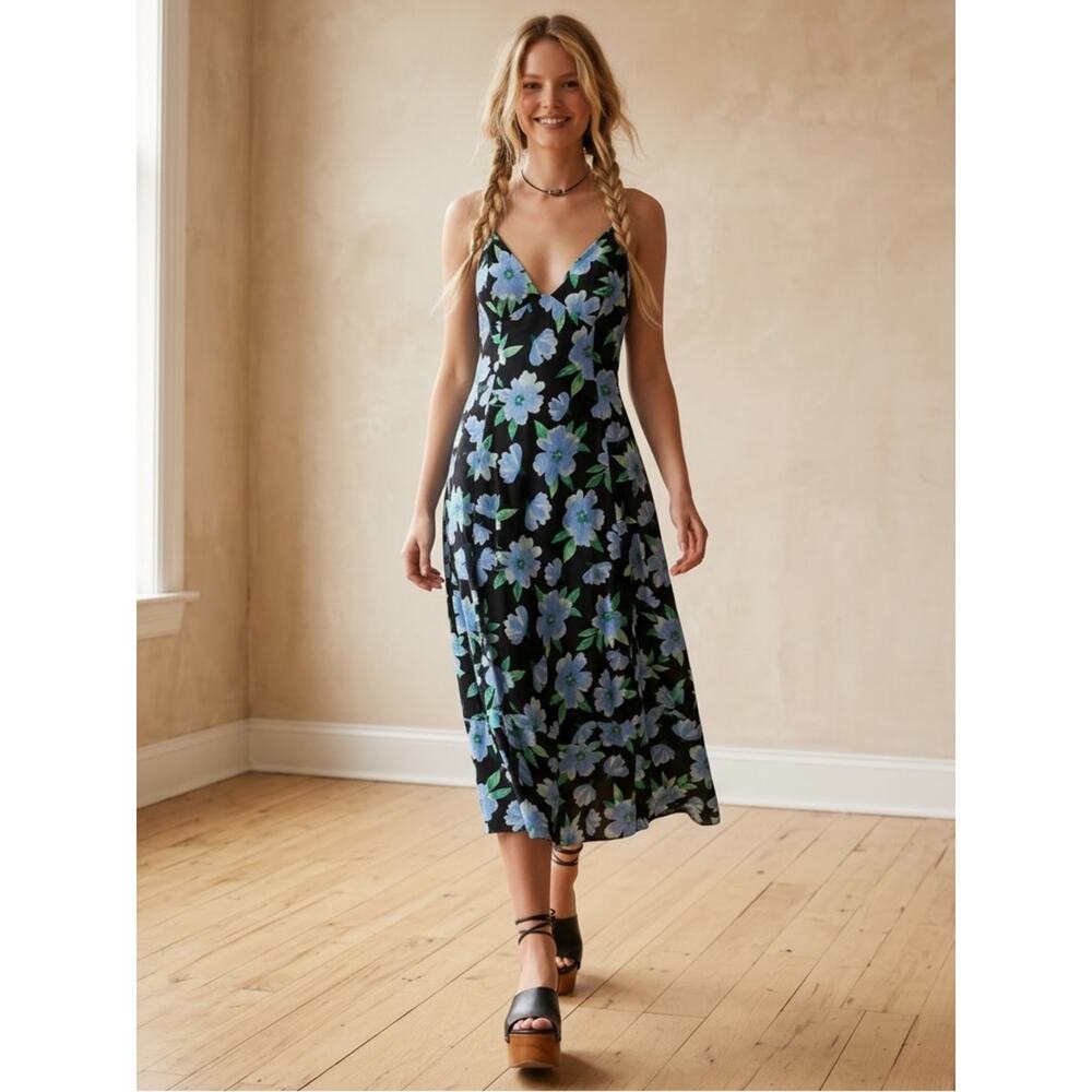Free People Finer Things Printed Halter Midi Dress Black Combo Large Tropical View 3